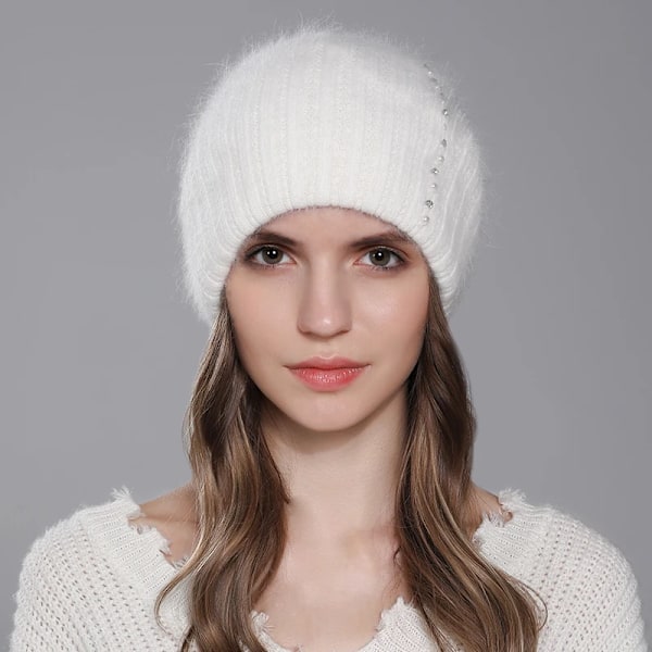Cntang Angorahatt för kvinnor, vinter, stickad, varm, mössa, mode, lyxig designerhatt för kvinnor med pärldiamant White