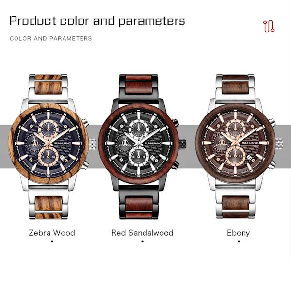 KUNHUANG Träklockor Lyxig lysande multifunktions träkvarts watch för män Mode Sport Klockor Zegarek męski Black red box