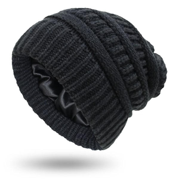Mode Nya 9 Färger Dam Vinter Varm Stickad Hatt Satin Silke Fodrad Kabel Stickad Beanie Chunky Slouchy Skull Cap Black