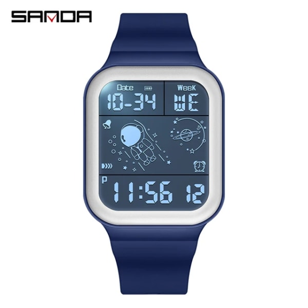 SANDA Watch 50 M vattentät fyrkantig klocka med stor skärm för dam Unisex multifunktionskronograf LED-skärm Reloj de hombre Blue