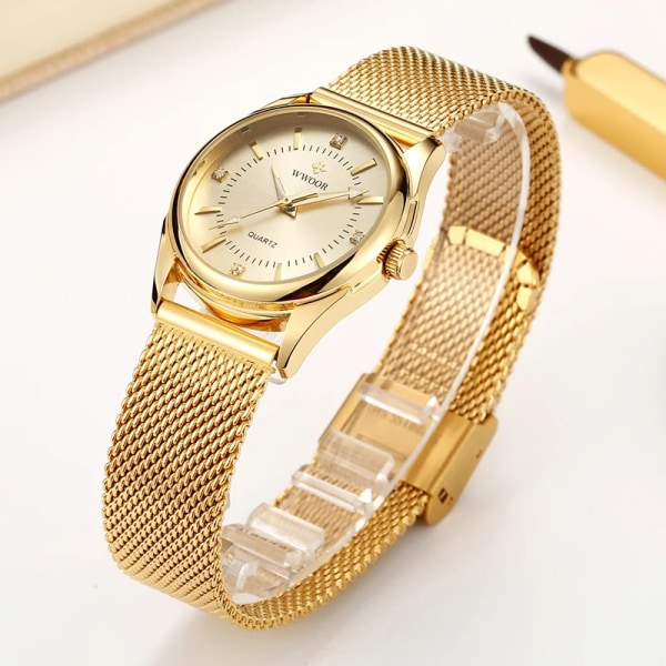 WWOOR Lyx Märke Klänning Guld Klocka Watch Elegant Diamond Small Quartz Armbandsur För Kvinnor Steel Mesh Klocka zegarek damski blue