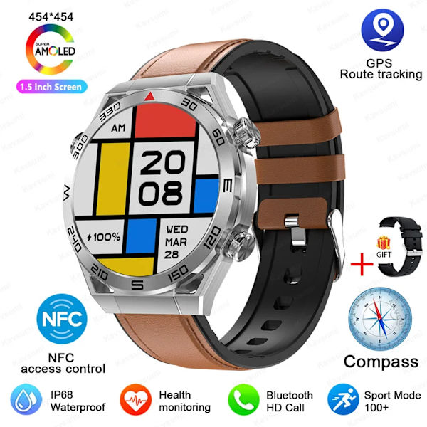 NFC AMOLED Smart Watch Herr Custom Dial Svara Ring Sport GPS Track Kompass IP68 Vattentät Smartwatch För Huawei Ultimate Silver Leather