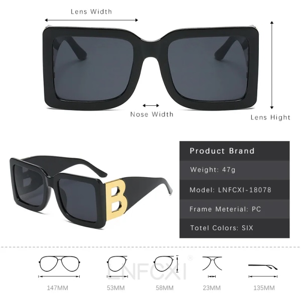 LNFCXI New Fashion Oversized Bokstaven B Square Lyx Trend Solglasögon Kvinnor Män Retro rektangulära solglasögon Gafas De Sol Black Leoaprd As Picture Show