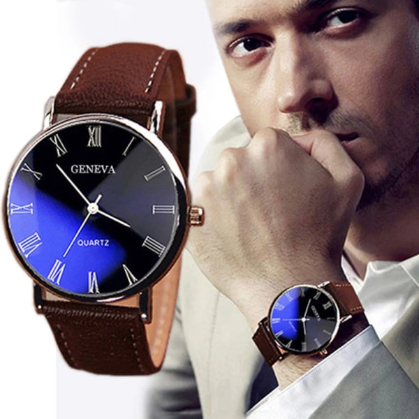 Män Watch romerska siffror Blu-Ray Faux Läder Band Quartz Analog Business Armbandsur Black-Brown
