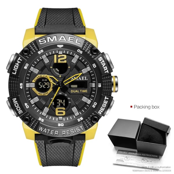SMAEL Dual Time LED Display Digital watch för män Vattentät Simning Quartz Sportklockor Auto Date Alarm Clock Armbandsur 8039 Yellow-Box
