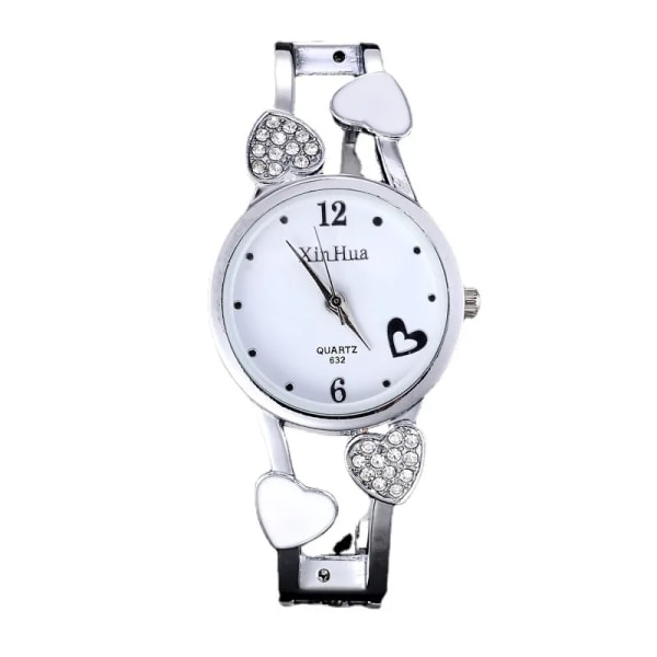 Elegant damarmband i rostfritt stål Armband Flower Lover Heart Armbandsur Watch för kvinnor Kvinnliga Relogios White