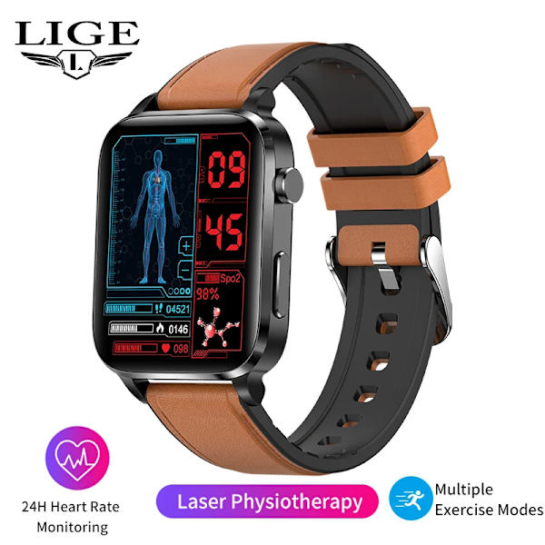 LIGE SmartWatch Män Laserassisterad terapi Tre hög puls Blodsocker Hälsa Smartwatch Sömn Kroppstemperaturövervakning belt brown