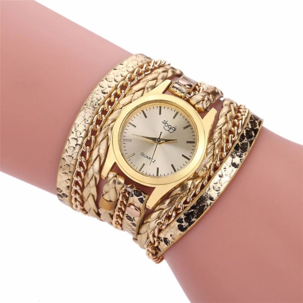 Kvartsklockor Dam Guld Geneva Armband Armbandsur Damklänning Vävd Leopard Multi Watch Gd