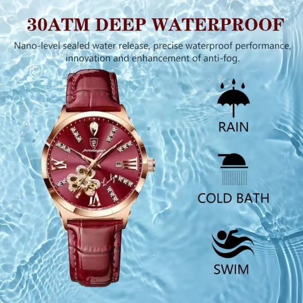 POEDAGAR Watch Dam Diamant Läder Kvarts Armbandsur Vattentät Lysande Rose Guld Vin Röd Damklockor Flickvän Present 01 Red