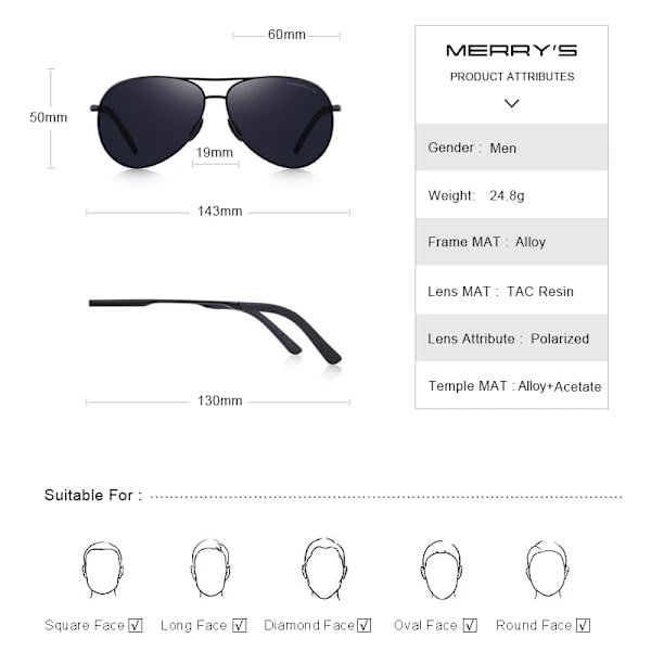 MERRYS DESIGN Herr Klassiska Pilot Polariserade Solglasögon Herr Driving Shield Night Vision Solglasögon UV400 Skydd S8601 C01 Black