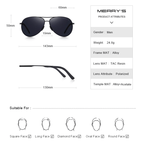 MERRYS DESIGN Herr Klassiska Pilot Polariserade Solglasögon Herr Driving Shield Night Vision Solglasögon UV400 Skydd S8601 C02 Gray