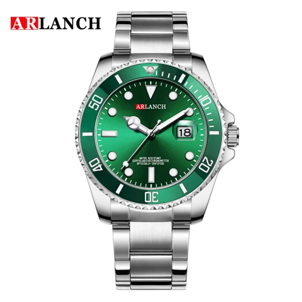 ARLANCH Hot Sell Mode Herrklockor Top Märke Lyx Full Steel Vattentät Sport Date Quartz Watch For Man Relogio Masculino Green