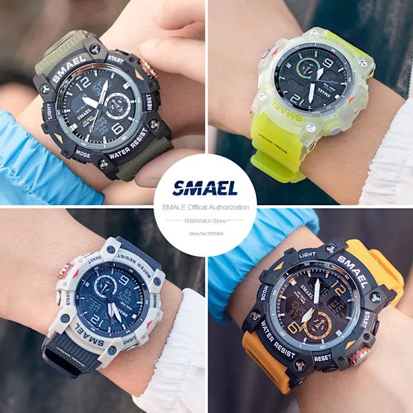 SMAEL Dual Time LED Display Watch för män Militär Sport Digitala klockor Dam Unisex Vattentät Auto Date Week Armbandsur 8007 Transparent White-B