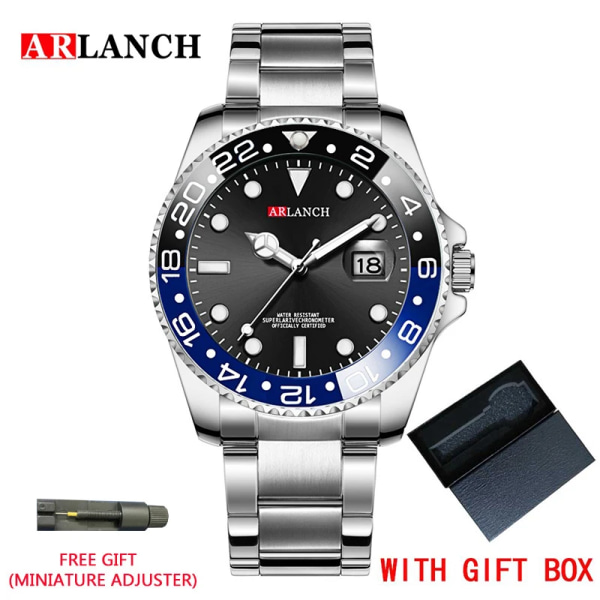 ARLANCH Hot Sell Herr Quartz Watch Toppmärke Date Sport Klockor Mode Lyx Vattentät Helt Stål Man Klocka Relogio Masculino Black blue With box