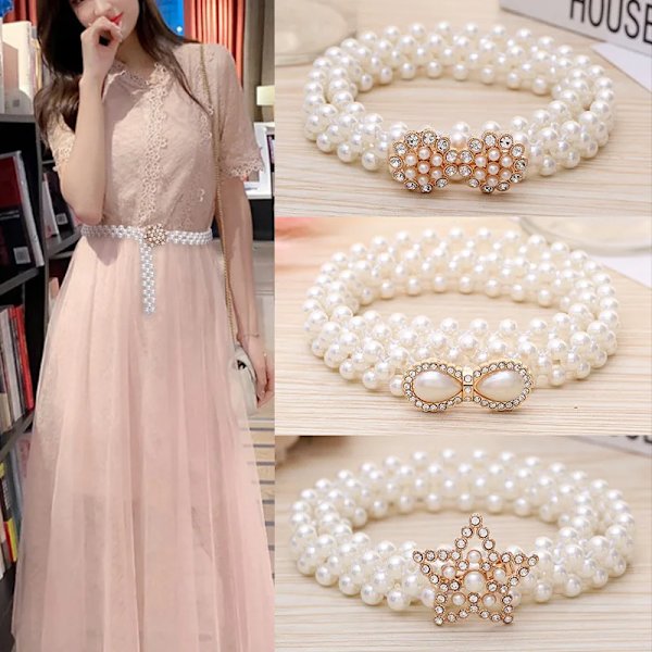 Trendig pärla midjekedja Dammode Rhinestone Elastisk klänning Midjeband Dam Designer tunna midjebälten Kläder Accessoarer Type 3 115cm