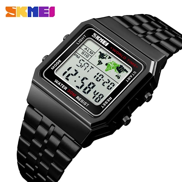 SKMEI Top Lyx Mode Watch Herr Väckarklocka 3Bar Vattentät Rostfritt stål Armband Digitala klockor reloj hombre 1338 sllver with box