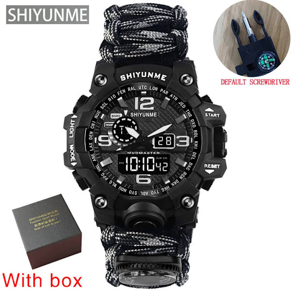Utomhus Survival Watch Multifunktionell Vattentät Militär Taktisk Paracord Watch Armband Camping Vandring Nödutrustning grey with box