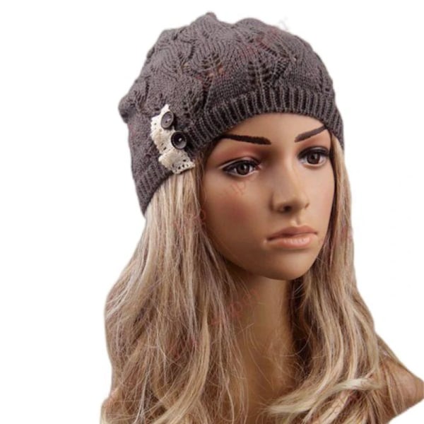 Damernas Mode Beanie Stickad Höst Turbanhatt Knapp Hål Ut Kvinnor Spets Mössa Kvinnliga Skullies Beanies Hattar Vår Stickad Mössa khaki