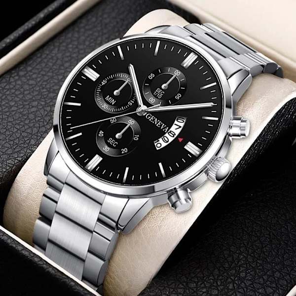 Mode Herr Sportklockor Lyx Herr Rostfritt stål Quartz Watch för Man Business Casual Watch Leather Black Silver