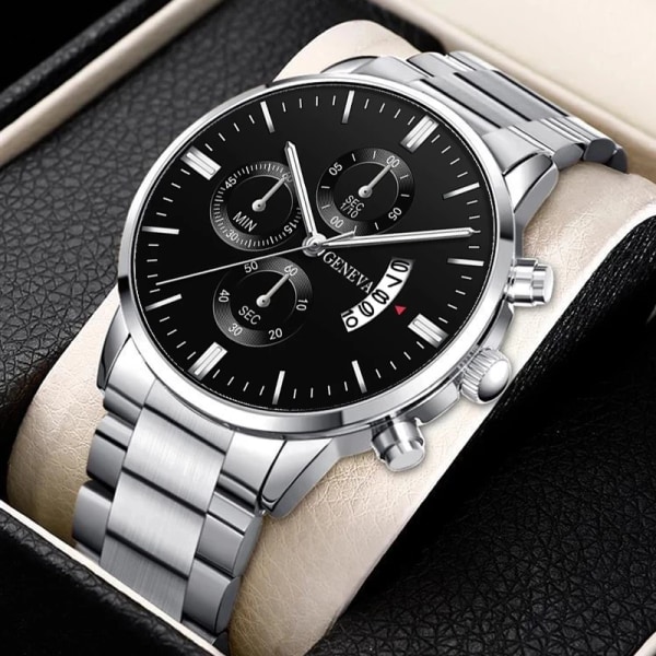 Mode Herr Sportklockor Lyx Herr Rostfritt stål Quartz Watch för Man Business Casual Watch Leather Silver White