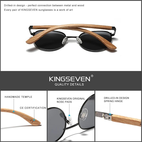 KINGSEVEN Mode polariserade solglasögon för män Kvinnor Handgjorda naturliga träglasögon rund ram UV400 skyddssolglasögon Gradient Gray Original KINGSEVEN
