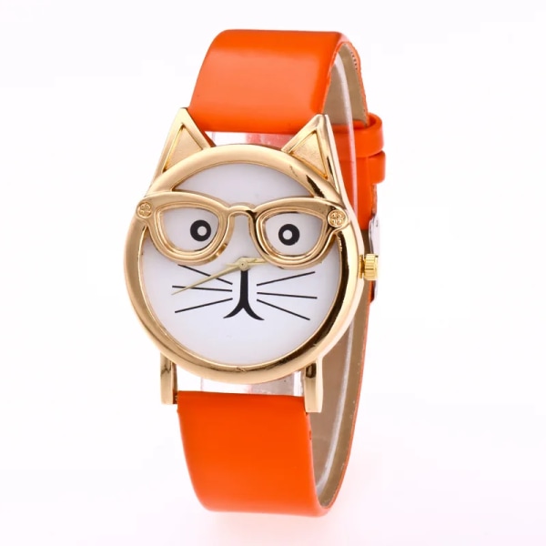 Dam Geneva Watch Läderarmband Analog Quartz Armbandsur Leopard Cat Face Glasögon Barnklocka Damklocka Watch Feminino Orange