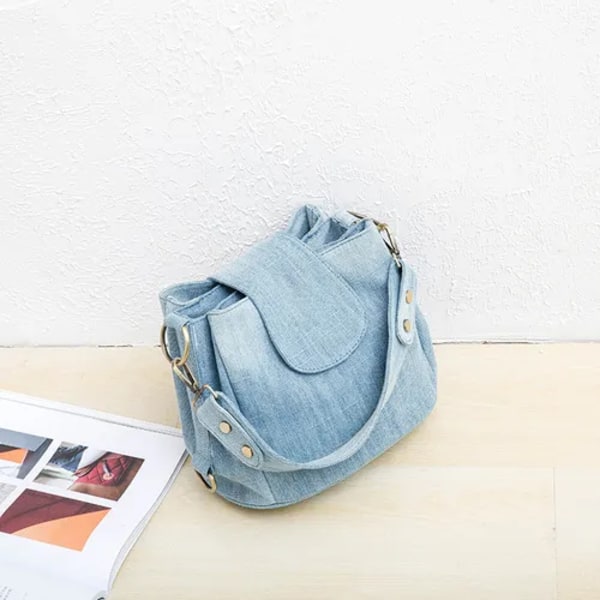 Casual Denim Bucket-väska för kvinnor Axelväska Crossbody-väska Flera fickor damhandväska Lyxig design Kvinnlig stora väska blå Light-blue 26x21x19cm