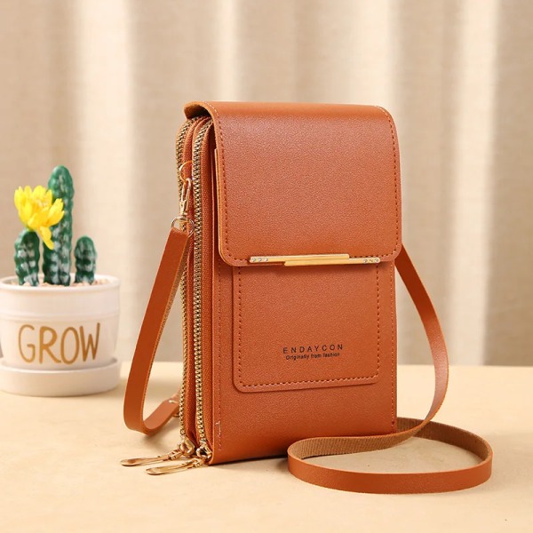 3 stilar kvinnor väskor mjuka läder plånböcker Pekskärm mobiltelefon handväska Crossbody axelrem handväska för dam Brown Touch Screen