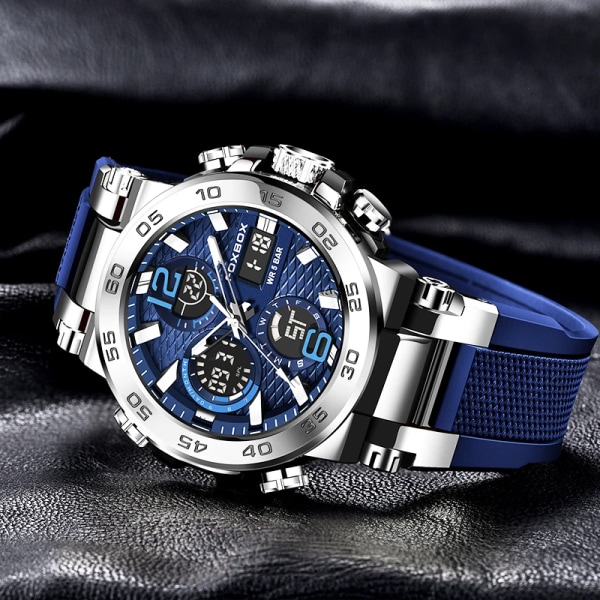 LIGE Nya klockor för män 50M vattentät klocka Alarm reloj hombre LCD Dual Display Armbandsur Quartz Military Sports Watch Silver blue