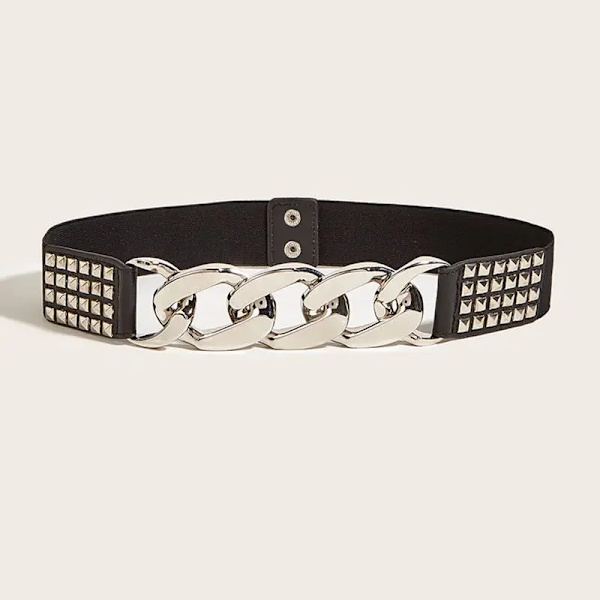 Elastiskt brett metallkedja Spänne Bälte Dam Flickor PU-läder med nitdekor Midjebälte Smal kroppsklänning Kappa Midjeband Cummerbund silver 1 70cm