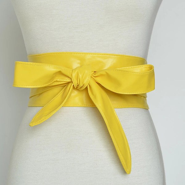 Kvinnor Snörning Pu-läderbälte Nytt Bowknot Bälten Längre Bred Bind Midjeband Slips Rosett Dam Klänning Dekoration Mode 2022 Yellow one size