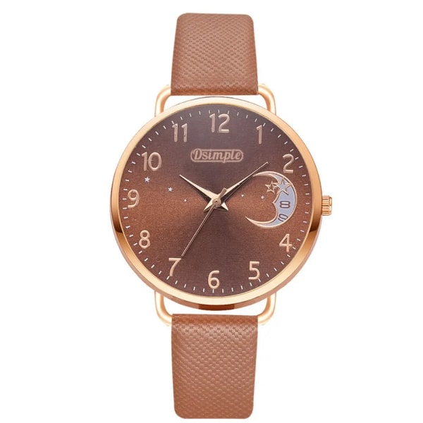 2023 Mode Dam Klockor Stars Moons Dam Enkel Quartz Watch Rose Gold Kvinnlig Casual Läder Armbandsur Reloj Mujer Brown