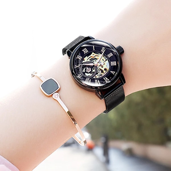 Reloj Mujer Montre Femme 2023 Silver Dam Klänning Klockor Dam Rostfritt stål Armband Skelett Automatiska Mekaniska Klockor leather black