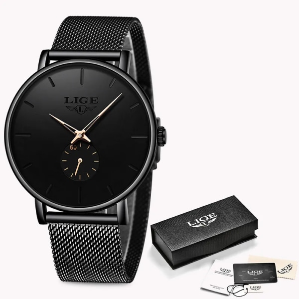 LIGE Damklockor Toppmärke Lyx Casual Watch Dam Kvarts Vattentät klocka Mesh bälte Damarmbandsur Watch black black