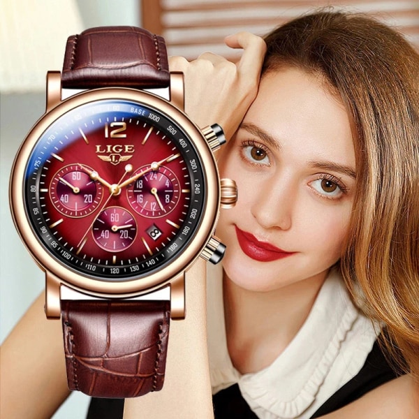 LIGE Watch Kvinnor Casual Damklockor Toppmärke Lyx Watch Läder Vattentät Quartz Armbandsur Damklockor Reloj+box Red(.242)