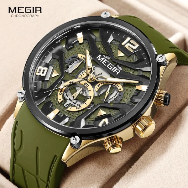 MEGIR Olivgrön Watch Män Mode Silikonrem Vattentät Chronograph Quartz Armbandsur med Auto Date Lysande visare 2222-Gold Green