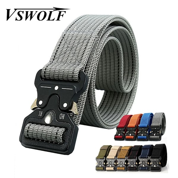 Army Nylon Herr Midjerem Elastiskt Metallspänne Gördel Röd Blå Orange Grå Taktisk Nylon Militärt tungt bälte belt 2 hooks(.1969) 125cm(.1969)
