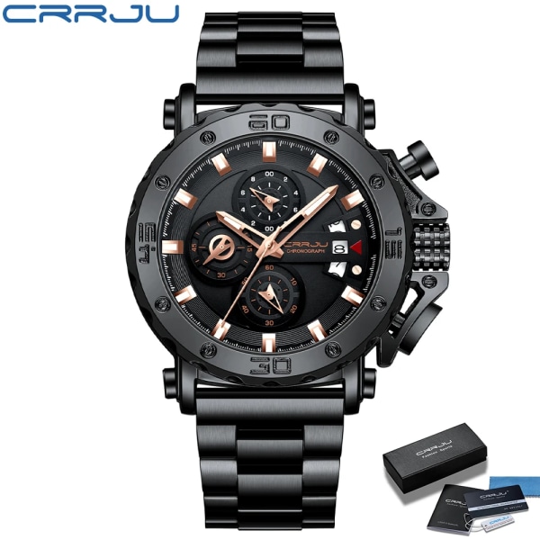 Relogio Masculino CRRJU Sport Chronograph Herrklockor Toppmärke Lyx Full Steel Quartz Klocka Vattentät Big Dial Watch Herr Black Rose box