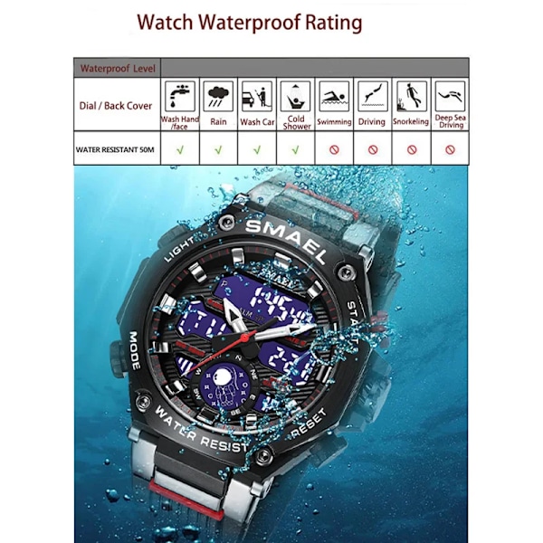 Quartz Armbandsur Sport SMAEL Military Army Clock Alarm Dual Display LED Elektronisk Watch 8069 Vattentäta klockor för män RED