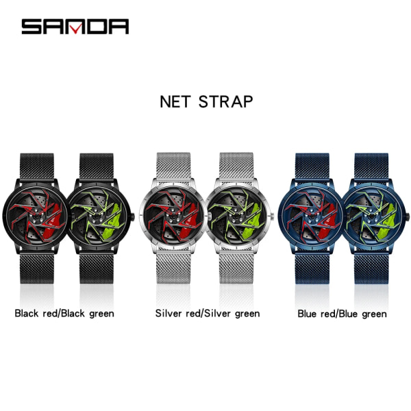 Mode Hot Sell Bilfälg Herr Klockor Rostfritt stål Vattentät watch 360 graders roterande hjul Fälgskiva Quartz Armbandsur Mesh blue green box