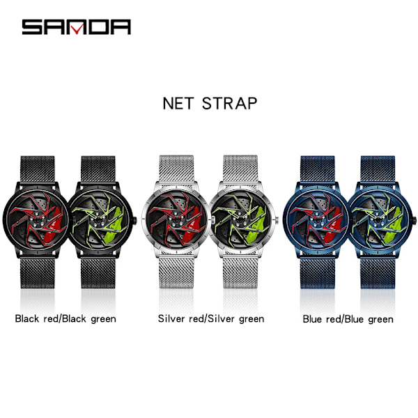 Mode Hot Sell Bilfälg Herr Klockor Rostfritt stål Vattentät watch 360 graders roterande hjul Fälgskiva Quartz Armbandsur Mesh silver red box