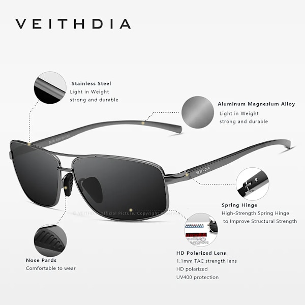 VEITHDIA märkessolglasögon polariserad UV400-lins för män Vintage aluminiumram Solglasögon Goggle Glasögontillbehör för män 2458 Black box add cloth