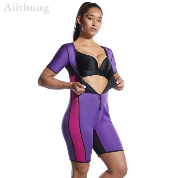 Aiithuug Bastudräkt för kvinnor Shapewear Viktminskningskorsett Svett Body Shaper Bantning Neopren Kortärmad neoprenbody purple XL