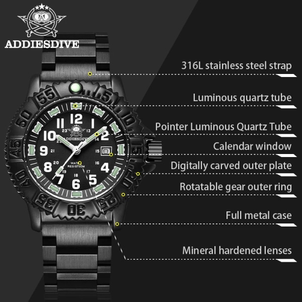 ADDIES Topp Militär Nylon Sportklockor Herr Lyx Vattentät Lysande Quartz Watch Man Klocka Relogio Masculino Black nylon