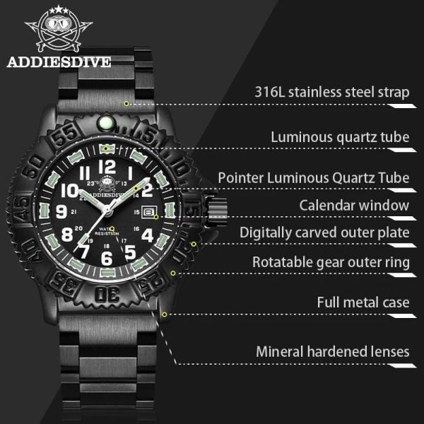 ADDIES Topp Militär Nylon Sportklockor Herr Lyx Vattentät Lysande Quartz Watch Man Klocka Relogio Masculino Black nylon