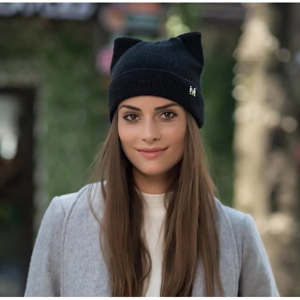 Vintermössa Stickad Mössa Varma Öron Kattflicka Hög Mode Kvinnomössa Kvinna Keps Kepsar Trilby Balaclava Beanie black