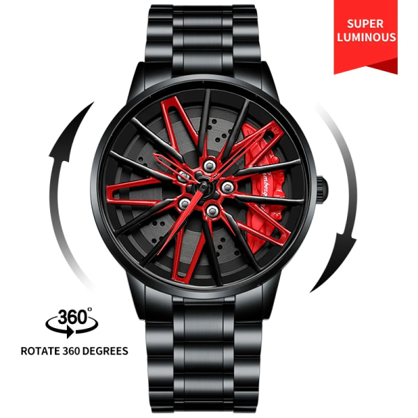 Original 3D Real Man-klockor Vattentäta Rotera Klockor Watch Quartz Herrsport 360° Rotera Hjulklockor För Herrklocka Lambo-Red-G