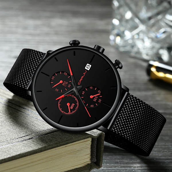 CRRJU Herrklockor Lyx Watch Unik design i rostfritt stål Auto Date Mesh Armband Män Mode Casual Quartz Klockor 2258-red BOX