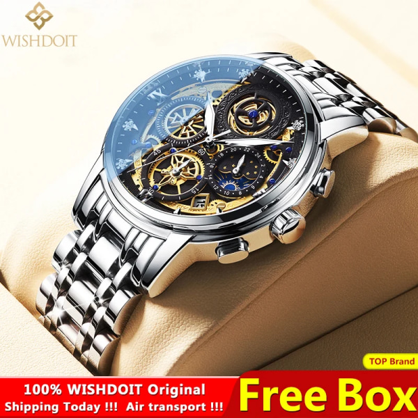 WISHDOIT Watch för män vattentät rostfritt stål Kvarts Analog Fashion Business Sun Moon Star Armbandsur Toppmärke Silver All Gold