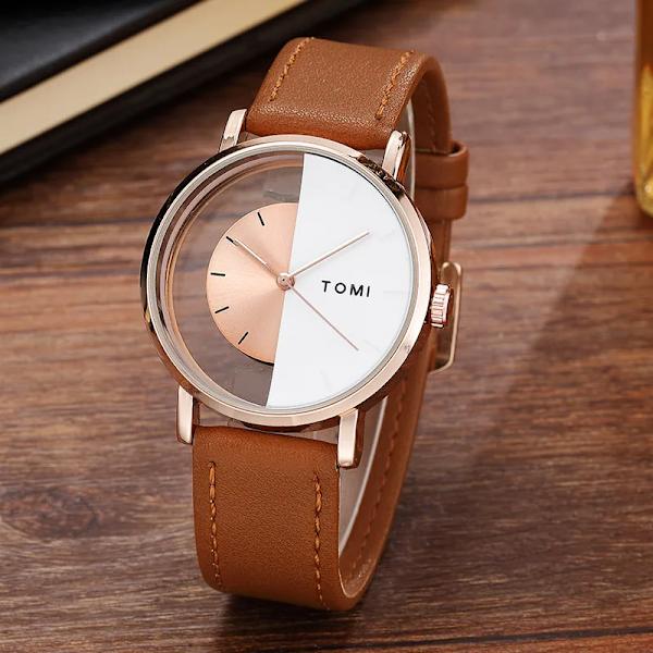 Unik Creative Halv Transparent Unisex watch klocka För män Kvinnor Par Nörd Snygga Läder Armbandsur Mode Quartz watch DESIGN 3 (A)